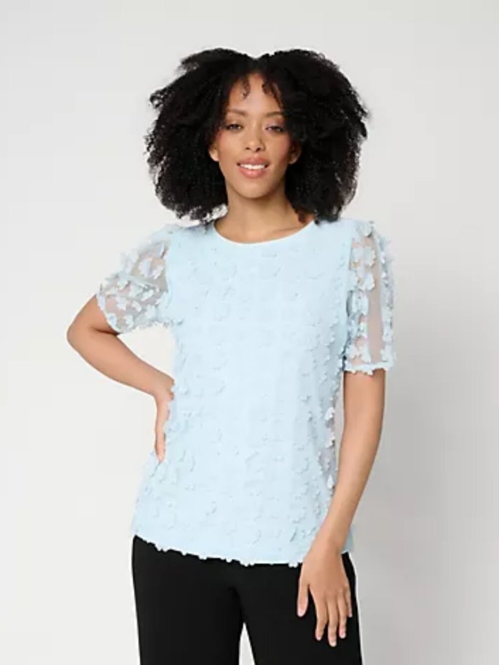 Dennis Basso Knit Top with Floral Mesh Overlay, Blue Sz 3X a726169